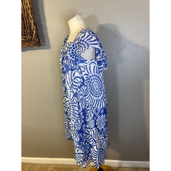 Anthropologie Tibi Silk Dress 6 Blue Ivory Short Sleeve Relaxed Fit Shift Flowy - Picture 7 of 15